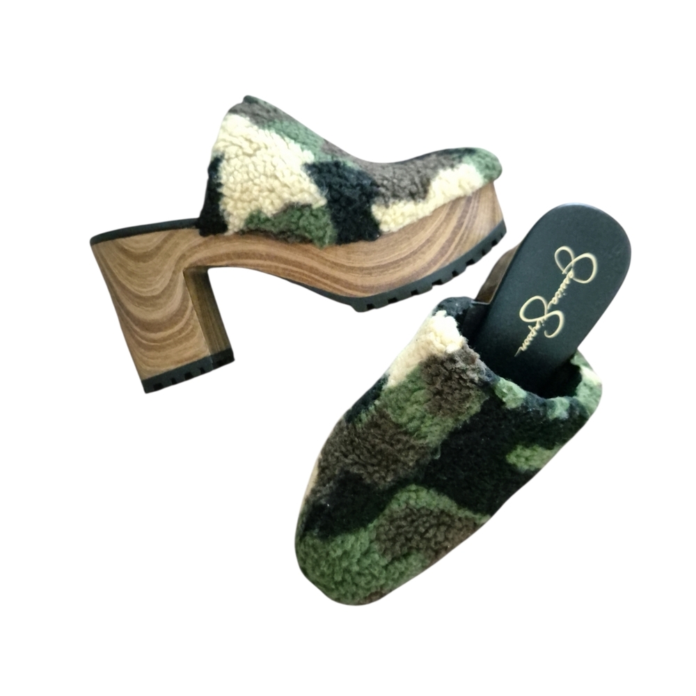 Jessica Simpson Tollia Cozy Platform Mules In Green Camo Combo Sz 9.5M - Picture 2 of 7